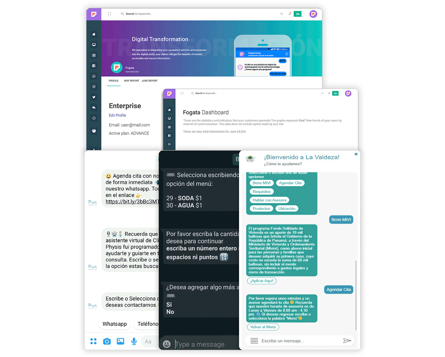 Interfaz de Fogata Bots para automatización conversacional empresarial